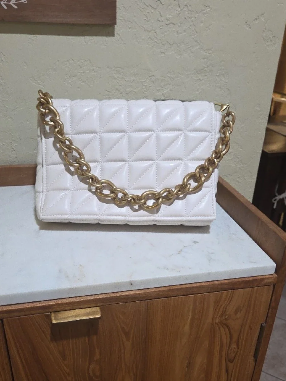 Zara Quilted White Shoulder Bag with Gold Chain